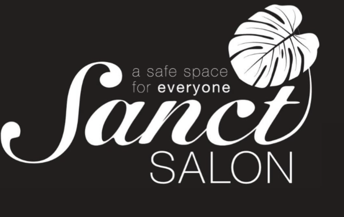 Black and white logo with text "Sanct Salon a safe space for everyone"