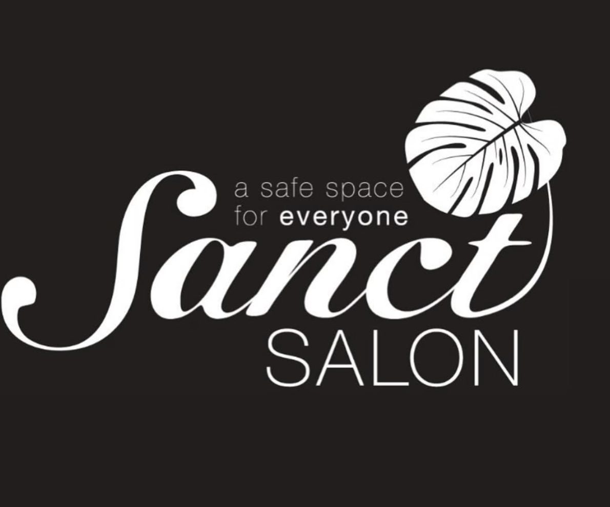 Black and white logo with text "Sanct Salon a safe space for everyone"